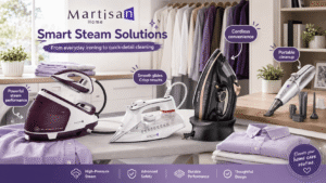Martisan Home appliance collection in a modern laundry space, featuring steam irons, a steam station and portable vacuum with callouts for high-pressure steam, cordless convenience, safety and everyday cleaning.