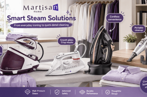 Martisan Home appliance collection in a modern laundry space, featuring steam irons, a steam station and portable vacuum with callouts for high-pressure steam, cordless convenience, safety and everyday cleaning.