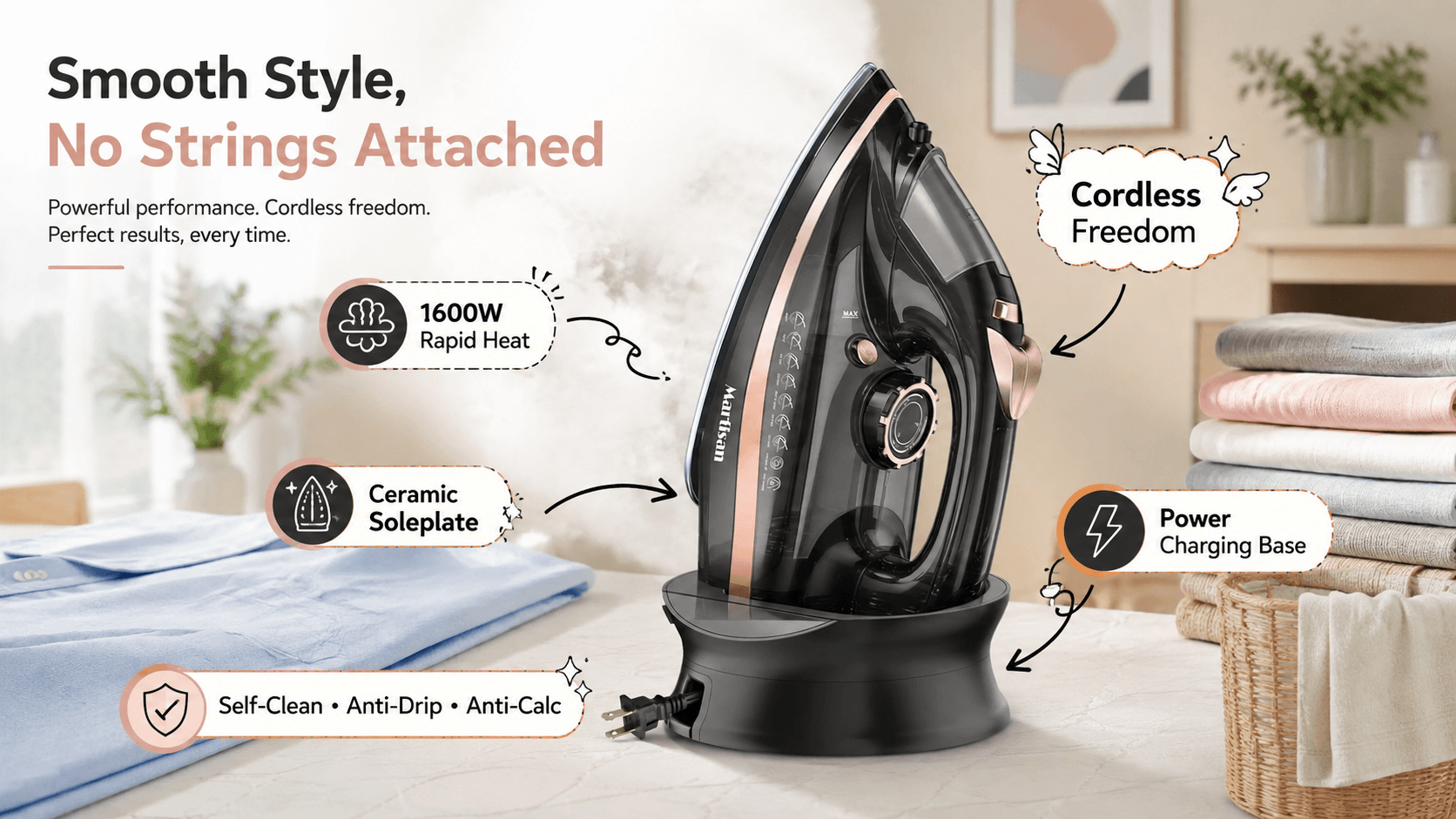 Martisan black and rose-gold cordless iron on its charging base in a bright home laundry setting, highlighting 1600W rapid heat, ceramic soleplate, cordless freedom, self-clean, anti-drip and anti-calc features.
