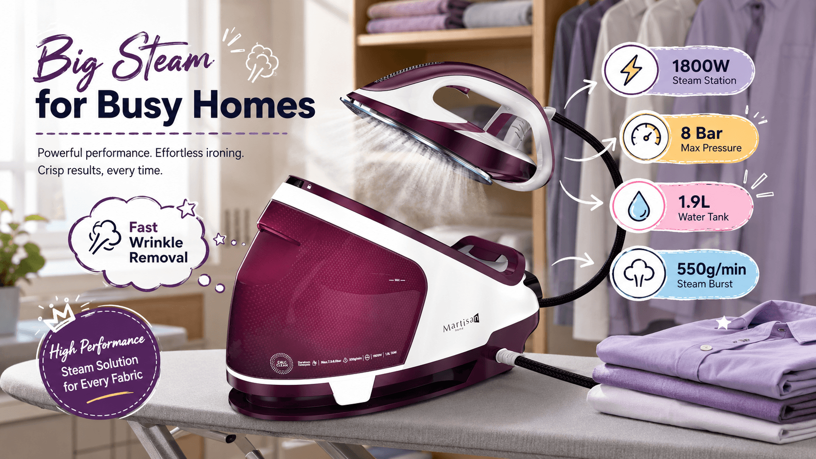 Martisan purple and white steam generator iron in a home laundry setting, highlighting an 1800W steam station, up to 8 bar pressure, 1.9L water tank, 550g/min steam burst and fast wrinkle removal.