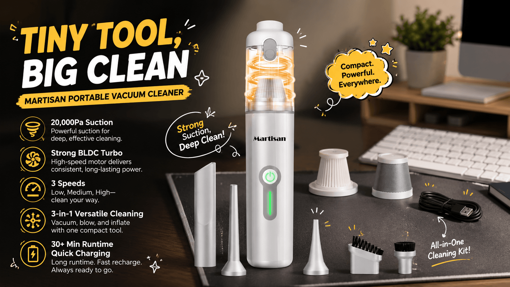 Martisan silver portable vacuum and cleaning accessories on a modern desk, featuring 20,000Pa suction, BLDC turbo motor, three speeds, 3-in-1 vacuum-blow-inflate versatility, 30+ minute runtime and quick charging.