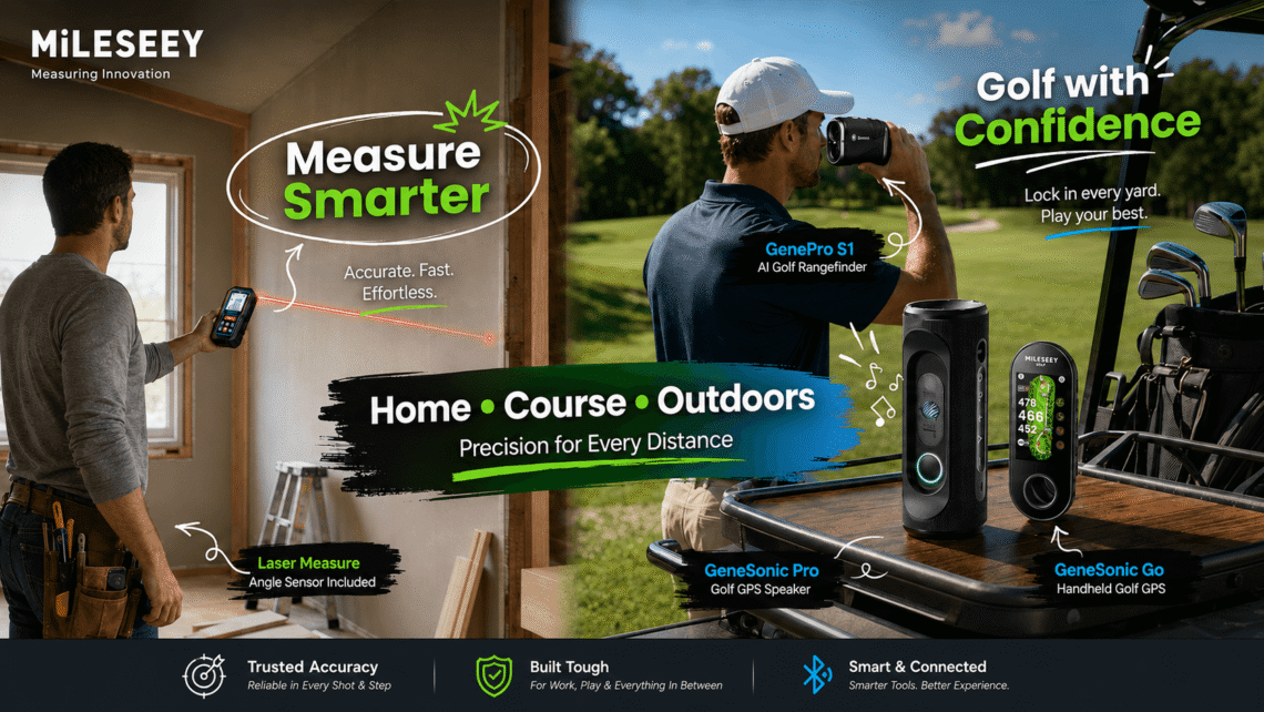 Composite MiLESEEY brand banner featuring an indoor home-measurement scene on the left, where a man uses a laser measure, and a golf scene on the right, where another man uses a rangefinder beside the GeneSonic Pro and GeneSonic Go devices. Center text reads “Home • Course • Outdoors,” emphasizing precision for home, course, and outdoor use.