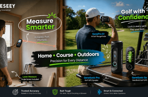 Composite MiLESEEY brand banner featuring an indoor home-measurement scene on the left, where a man uses a laser measure, and a golf scene on the right, where another man uses a rangefinder beside the GeneSonic Pro and GeneSonic Go devices. Center text reads “Home • Course • Outdoors,” emphasizing precision for home, course, and outdoor use.