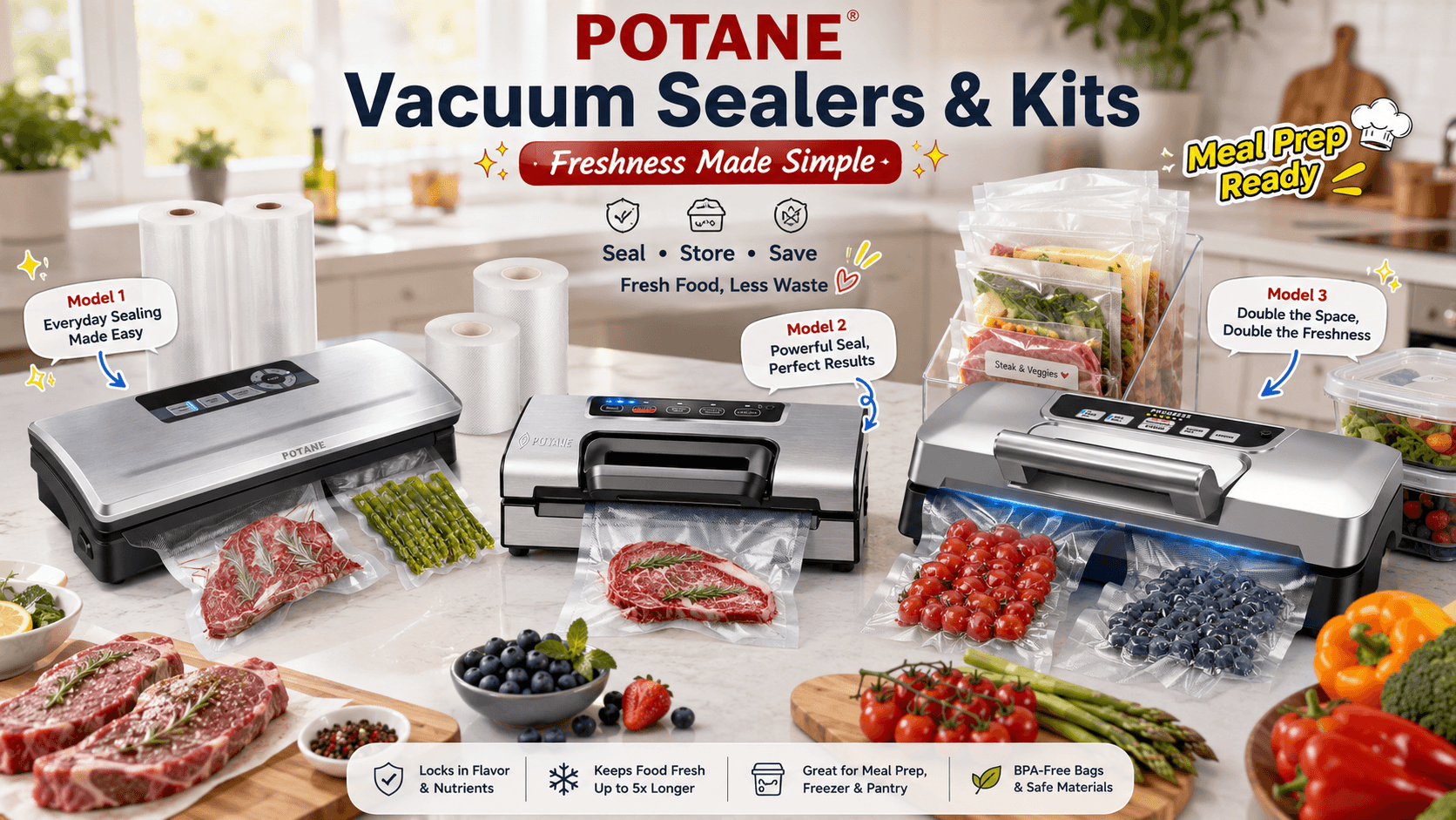 Potane vacuum sealer lineup in a bright modern kitchen, featuring three stainless-steel models sealing steak, asparagus, tomatoes and blueberries, with meal-prep bags, vacuum rolls and food-storage benefits highlighted.