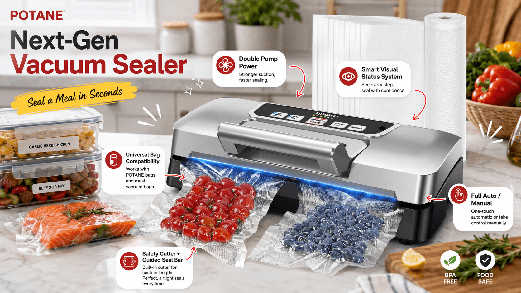 Potane next-gen vacuum sealer in a modern kitchen sealing tomatoes and blueberries, surrounded by meal-prep containers, salmon and vacuum bags, with double-pump power, smart status display and auto/manual controls highlighted.