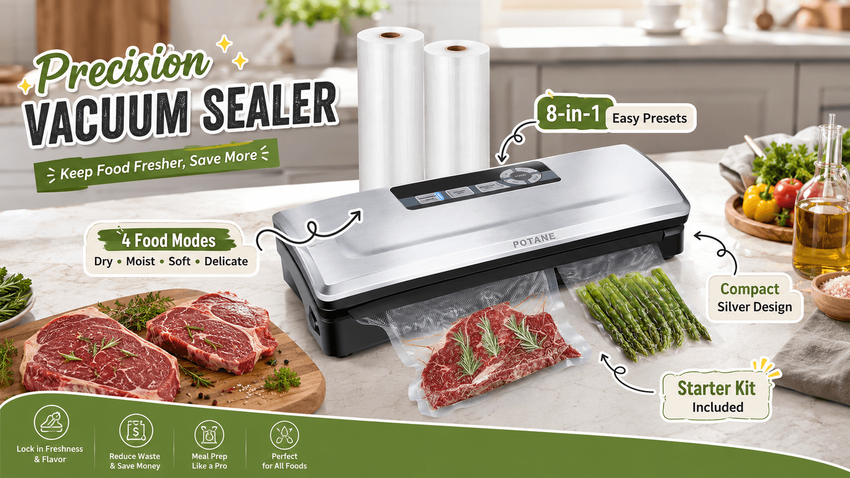 Potane precision vacuum sealer on a bright kitchen counter sealing steak and asparagus. The stainless-steel machine is shown with two bag rolls, 8-in-1 presets, four food modes and a starter kit for everyday meal prep.