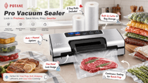 Potane Pro vacuum sealer in a home kitchen sealing a steak, with two bag rolls and organized vacuum-packed foods nearby. Feature callouts highlight the built-in cutter, bag storage, auto/manual modes and one-hand lock design.