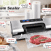 Potane Pro vacuum sealer in a home kitchen sealing a steak, with two bag rolls and organized vacuum-packed foods nearby. Feature callouts highlight the built-in cutter, bag storage, auto/manual modes and one-hand lock design.