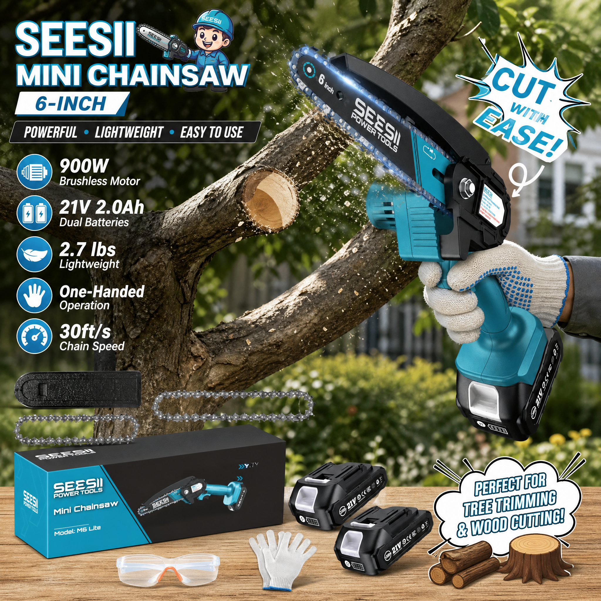 SEESII 6-inch cordless mini chainsaw cutting a tree branch outdoors, featuring a 900W brushless motor, dual 21V batteries, lightweight one-handed design, spare chains, gloves, safety glasses, and accessories.