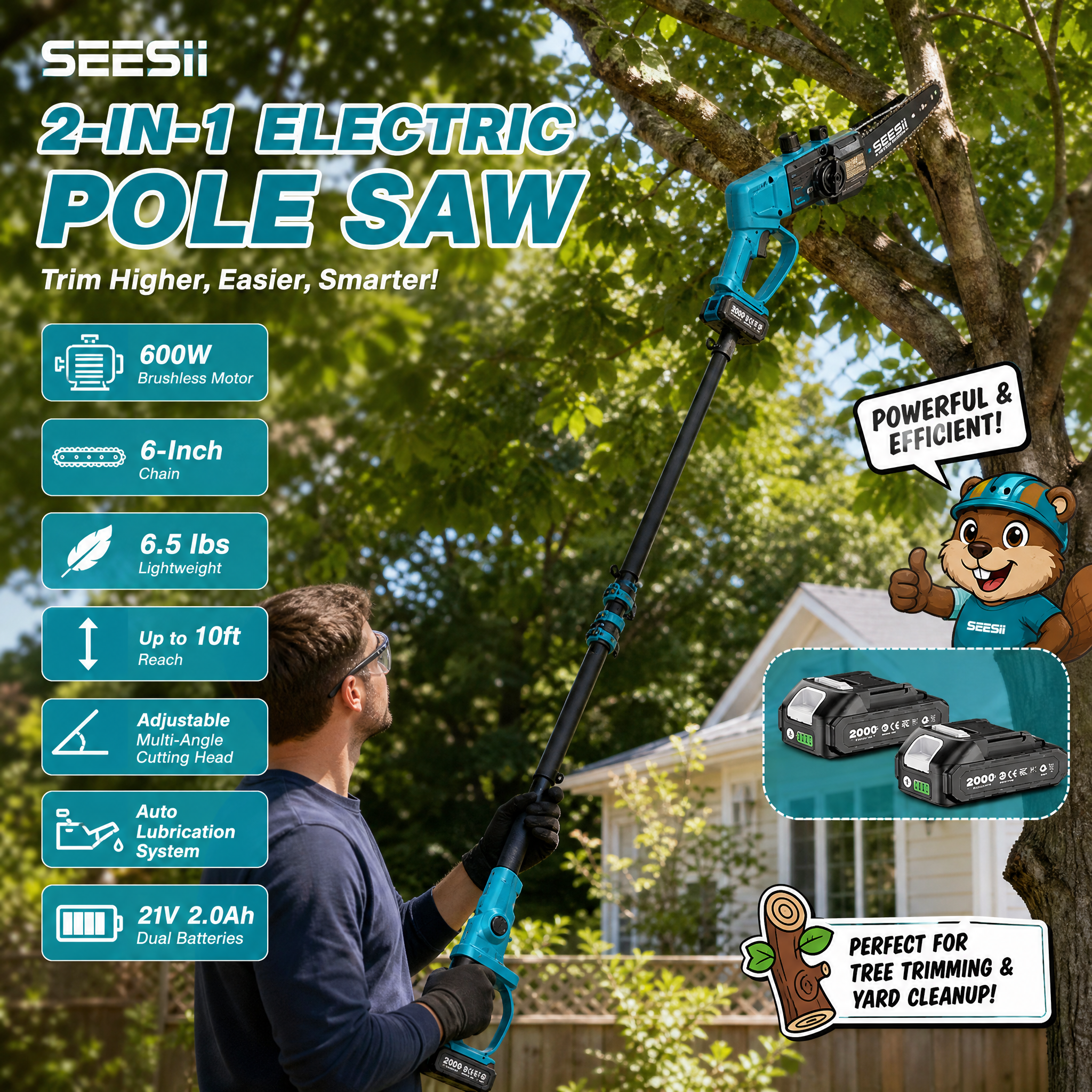 SEESII 2-in-1 electric pole saw being used to trim high tree branches in a backyard, featuring a 600W brushless motor, 6-inch chain, up to 10-foot reach, adjustable cutting head, auto lubrication, and dual batteries.