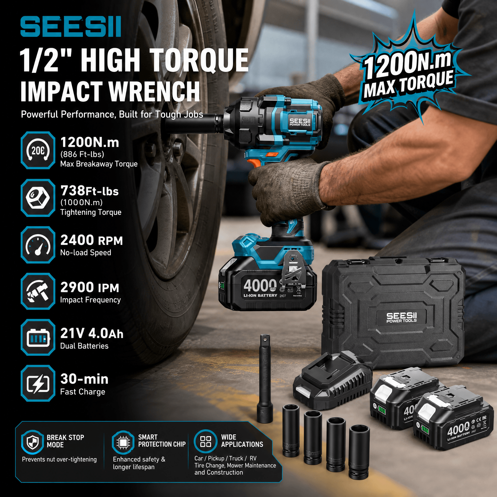SEESII 1/2-inch cordless high-torque impact wrench loosening a vehicle wheel fastener, with 1200 N·m maximum breakaway torque, dual 21V 4.0Ah batteries, sockets, charger, extension bar, and carrying case.