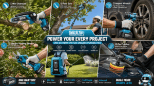 SEESII power tools collection shown across real-life projects, including a mini chainsaw, pole saw, impact wrench, electric pruning shears, backpack sprayer, and car polisher for yard, garden, automotive, and DIY work.