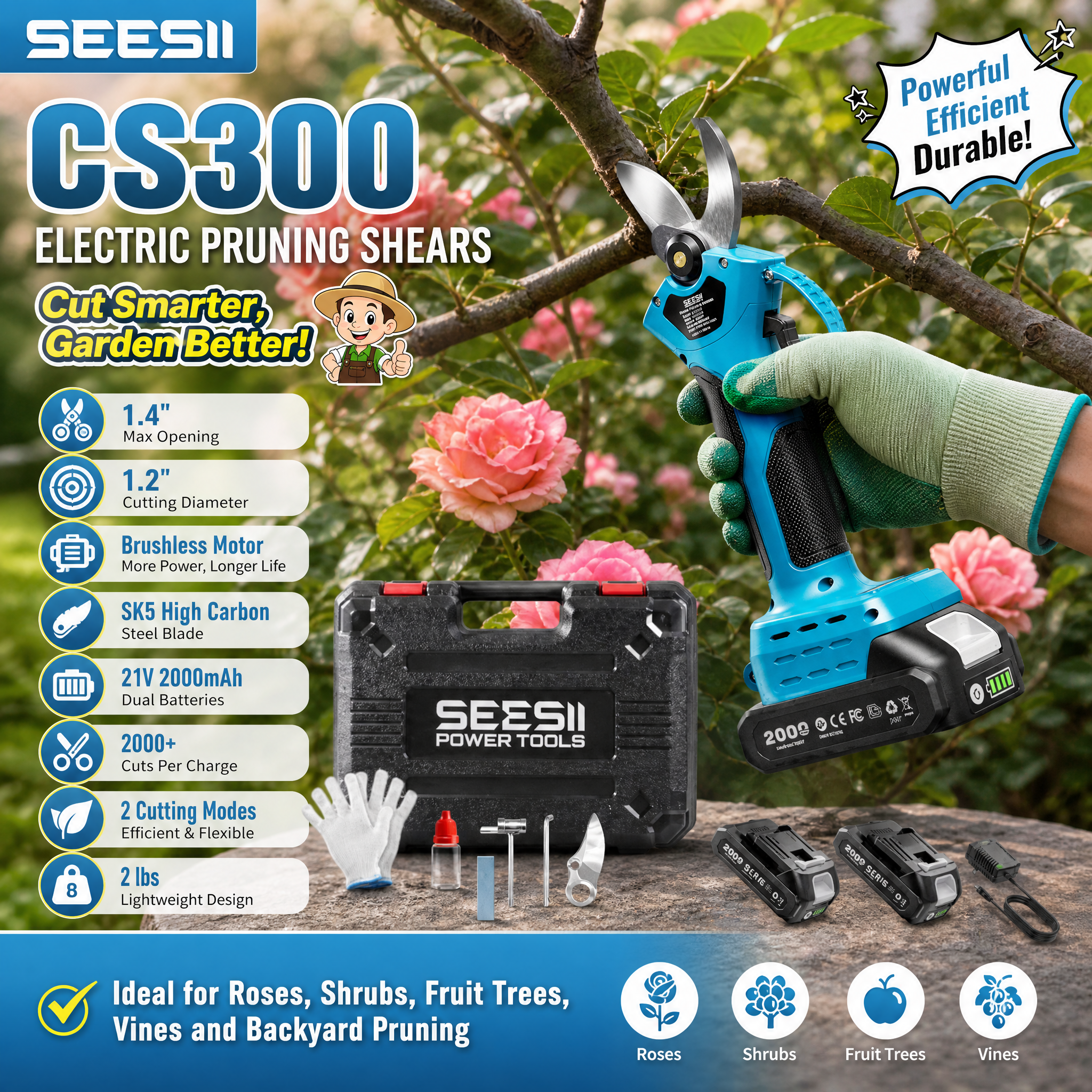 SEESII CS300 cordless electric pruning shears trimming branches in a flowering garden, featuring a 1.4-inch maximum opening, brushless motor, SK5 steel blade, dual 21V batteries, two cutting modes, and carrying case.