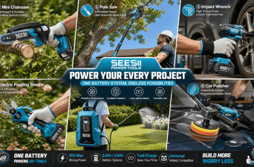 SEESII power tools collection shown across real-life projects, including a mini chainsaw, pole saw, impact wrench, electric pruning shears, backpack sprayer, and car polisher for yard, garden, automotive, and DIY work.