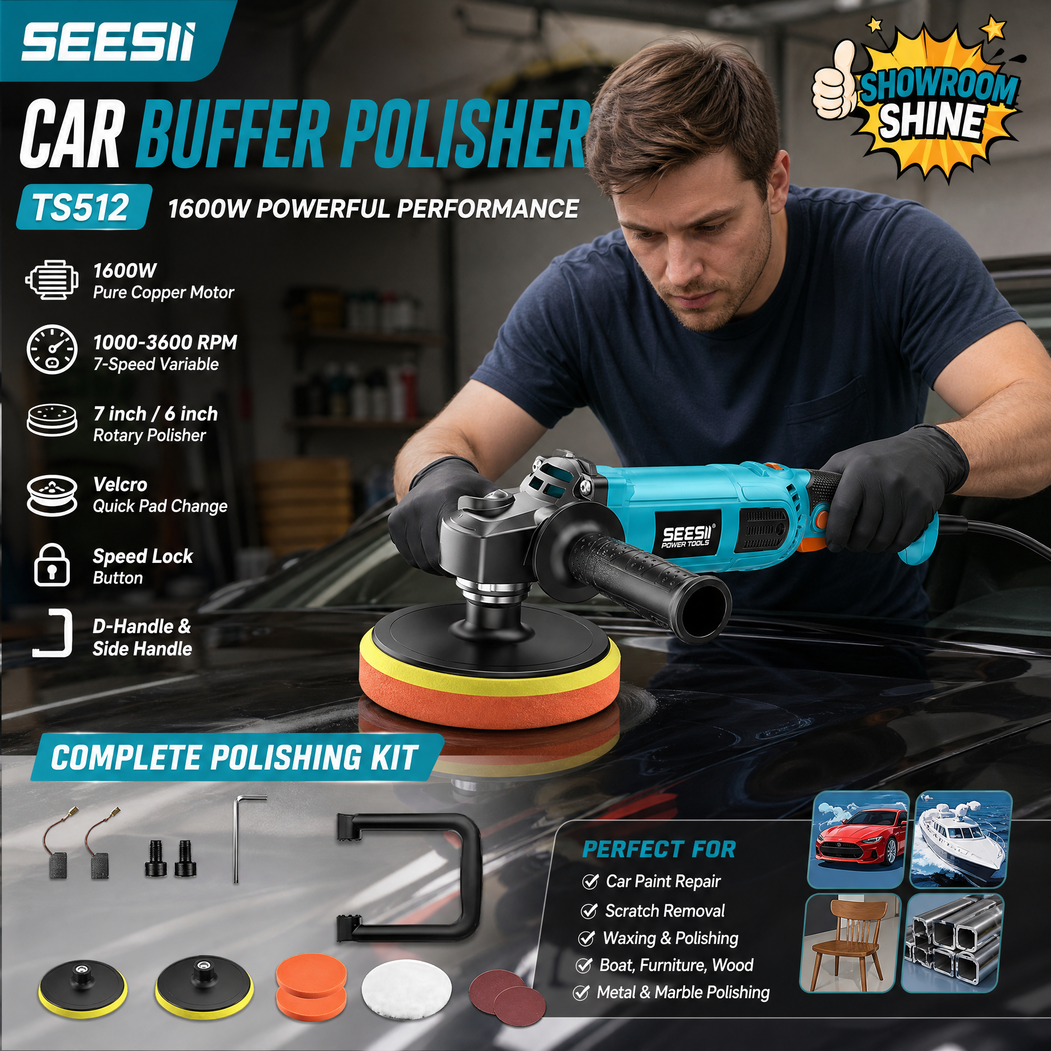 SEESII TS512 1600W car buffer polisher being used on a black vehicle, featuring 1000–3600 RPM variable speed, 7-inch and 6-inch polishing support, side handle, D-handle, polishing pads, and accessories.
