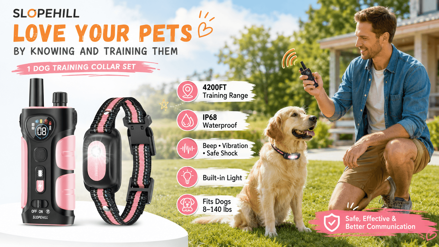 SLOPEHILL one-dog training collar set in pink and black, shown with a remote and collar beside a man training a Golden Retriever outdoors. Graphic highlights 4200FT range, IP68 waterproofing, beep, vibration, safe shock, built-in light, and suitability for dogs 8–140 lbs.