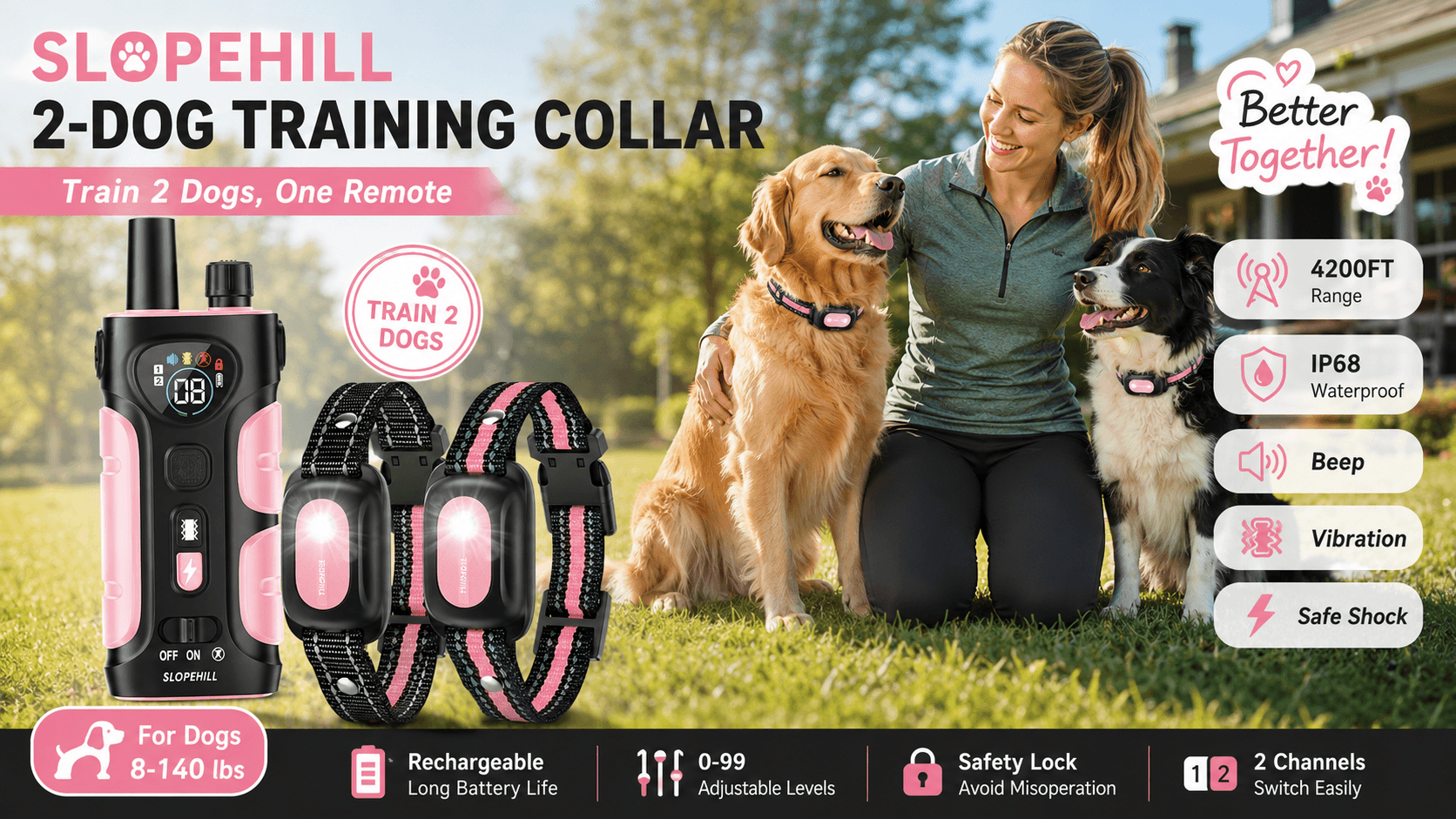 SLOPEHILL 2-dog training collar system featuring one pink-and-black remote and two matching receiver collars. A woman sits outdoors with a Golden Retriever and Border Collie, while the graphic highlights 4200FT range, IP68 waterproofing, beep, vibration, adjustable levels, safety lock, and two-channel control.