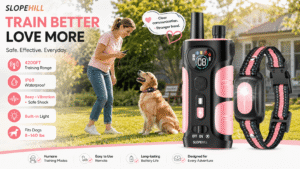 SLOPEHILL pink-and-black dog training collar and remote displayed beside a woman training a Golden Retriever in a sunny backyard. The promotional image emphasizes 4200FT range, IP68 waterproofing, beep, vibration, safe shock, built-in light, long battery life, easy operation, and fit for dogs 8–140 lbs.