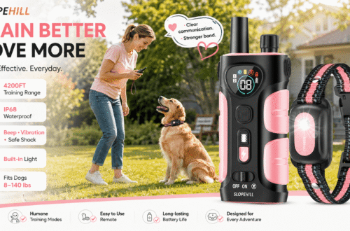 SLOPEHILL pink-and-black dog training collar and remote displayed beside a woman training a Golden Retriever in a sunny backyard. The promotional image emphasizes 4200FT range, IP68 waterproofing, beep, vibration, safe shock, built-in light, long battery life, easy operation, and fit for dogs 8–140 lbs.
