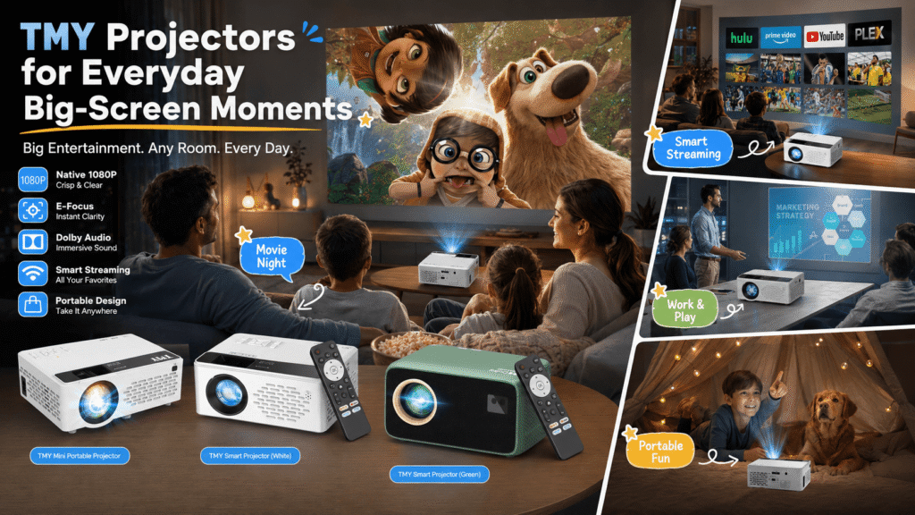 TMY projector collection shown in family movie night, smart streaming, work presentation, and portable entertainment scenes, featuring white and green projector models with 1080P, e-focus, Dolby Audio, and portable design highlights.