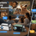 TMY projector collection shown in family movie night, smart streaming, work presentation, and portable entertainment scenes, featuring white and green projector models with 1080P, e-focus, Dolby Audio, and portable design highlights.