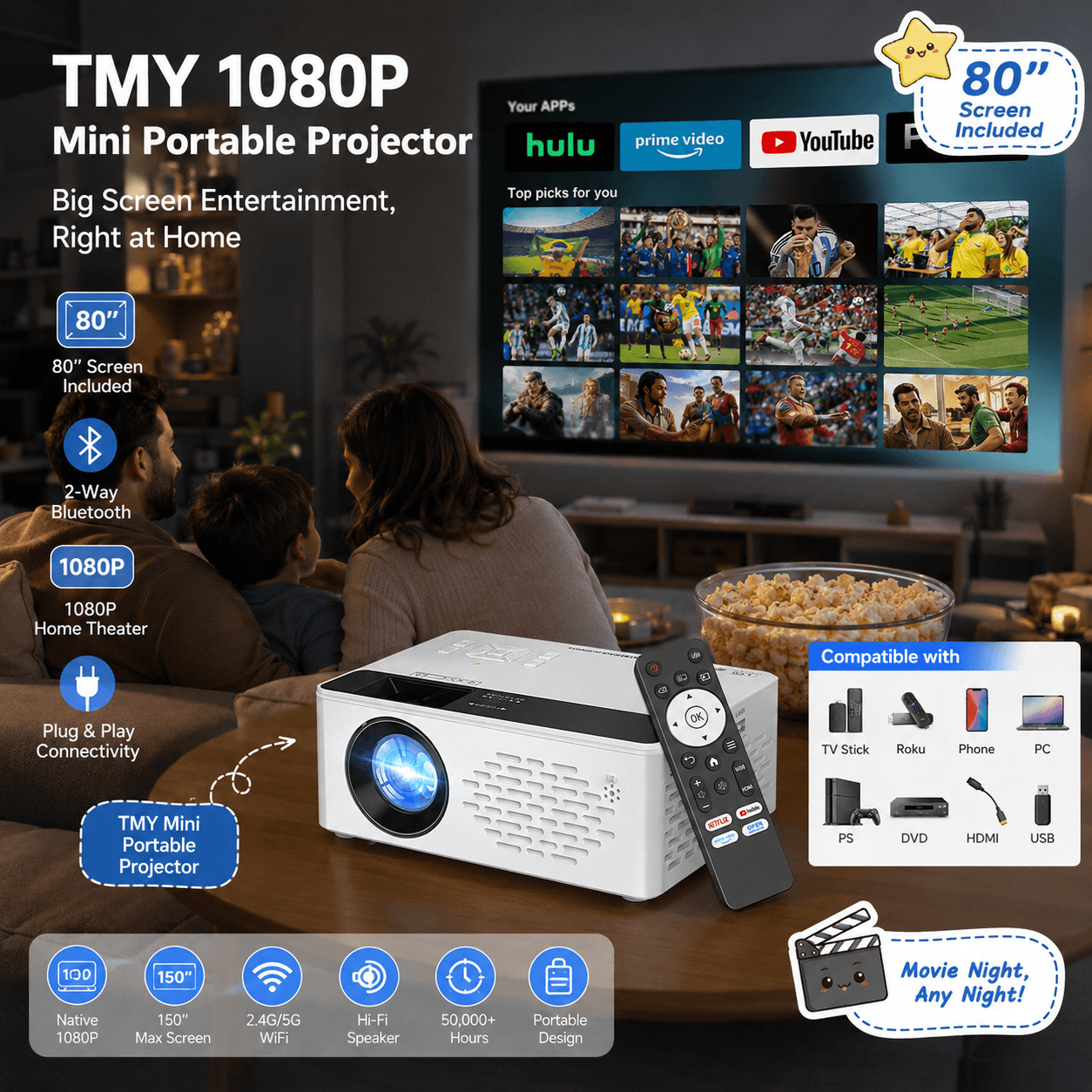 TMY 1080P mini portable projector in a cozy home theater setting with family viewing, an included 80-inch screen, 2-way Bluetooth, plug-and-play connectivity, and compatibility with TV sticks, Roku, phones, PCs, game consoles, DVD, HDMI, and USB.