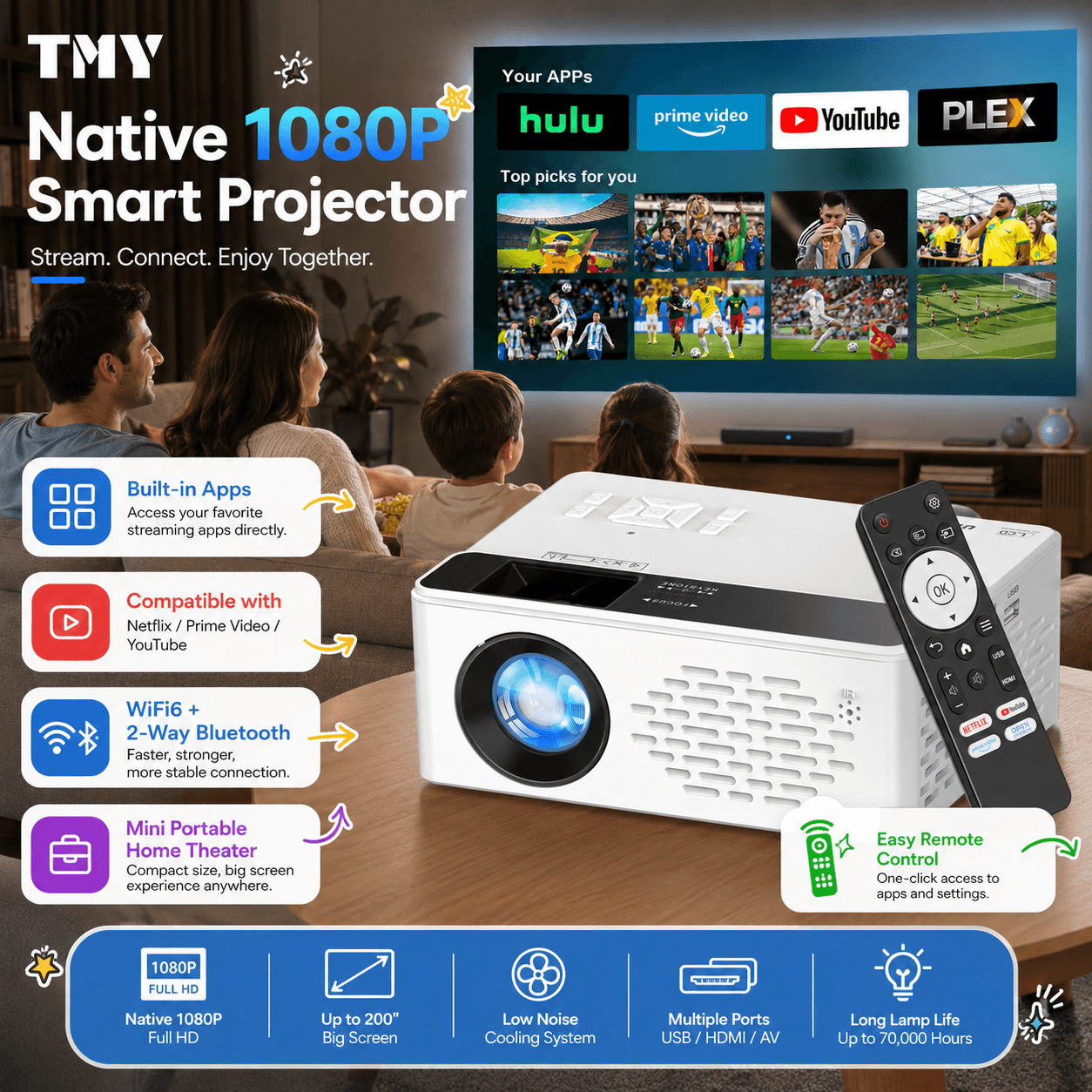 White TMY native 1080P smart projector and remote in a family living room, highlighting built-in streaming apps, Netflix, Prime Video and YouTube compatibility, WiFi 6, 2-way Bluetooth, portable home theater design, and multiple connection ports.