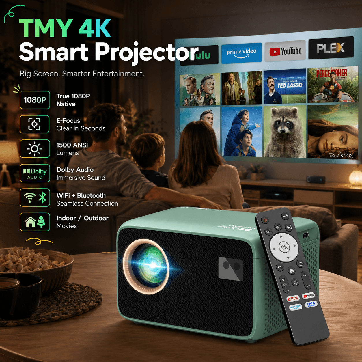 Green TMY smart projector with remote displayed in a warm living room movie-night scene, highlighting native 1080P resolution, 1500 ANSI brightness, electronic focus, Dolby Audio, WiFi and Bluetooth connectivity, and indoor or outdoor entertainment.