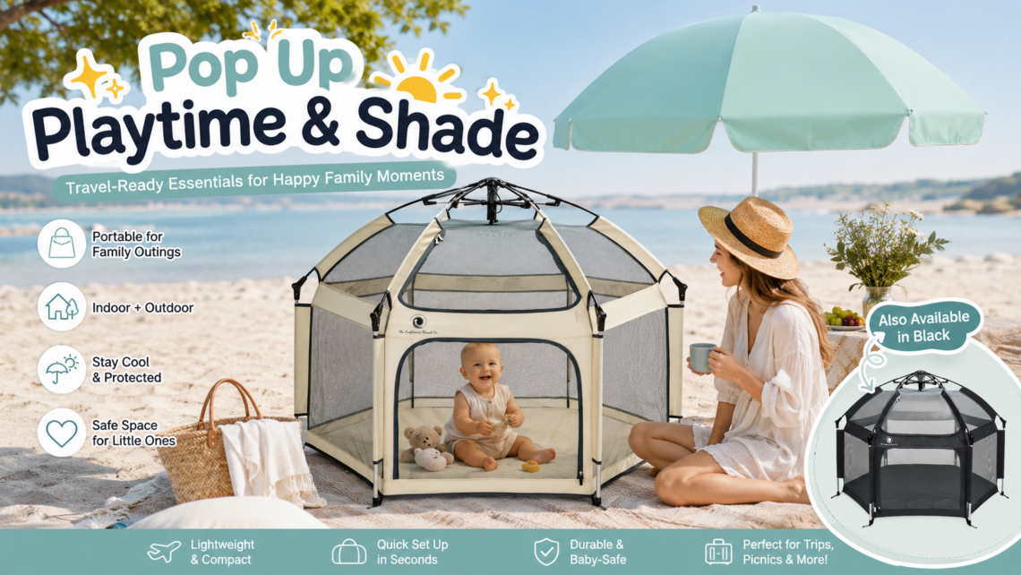 The California Beach Company Pop ’N Go playpen in warm ivory at a sunny beach, paired with a mint shade umbrella, baby and parent, highlighting portable, indoor-outdoor family use.