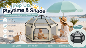 The California Beach Company Pop ’N Go playpen in warm ivory at a sunny beach, paired with a mint shade umbrella, baby and parent, highlighting portable, indoor-outdoor family use.