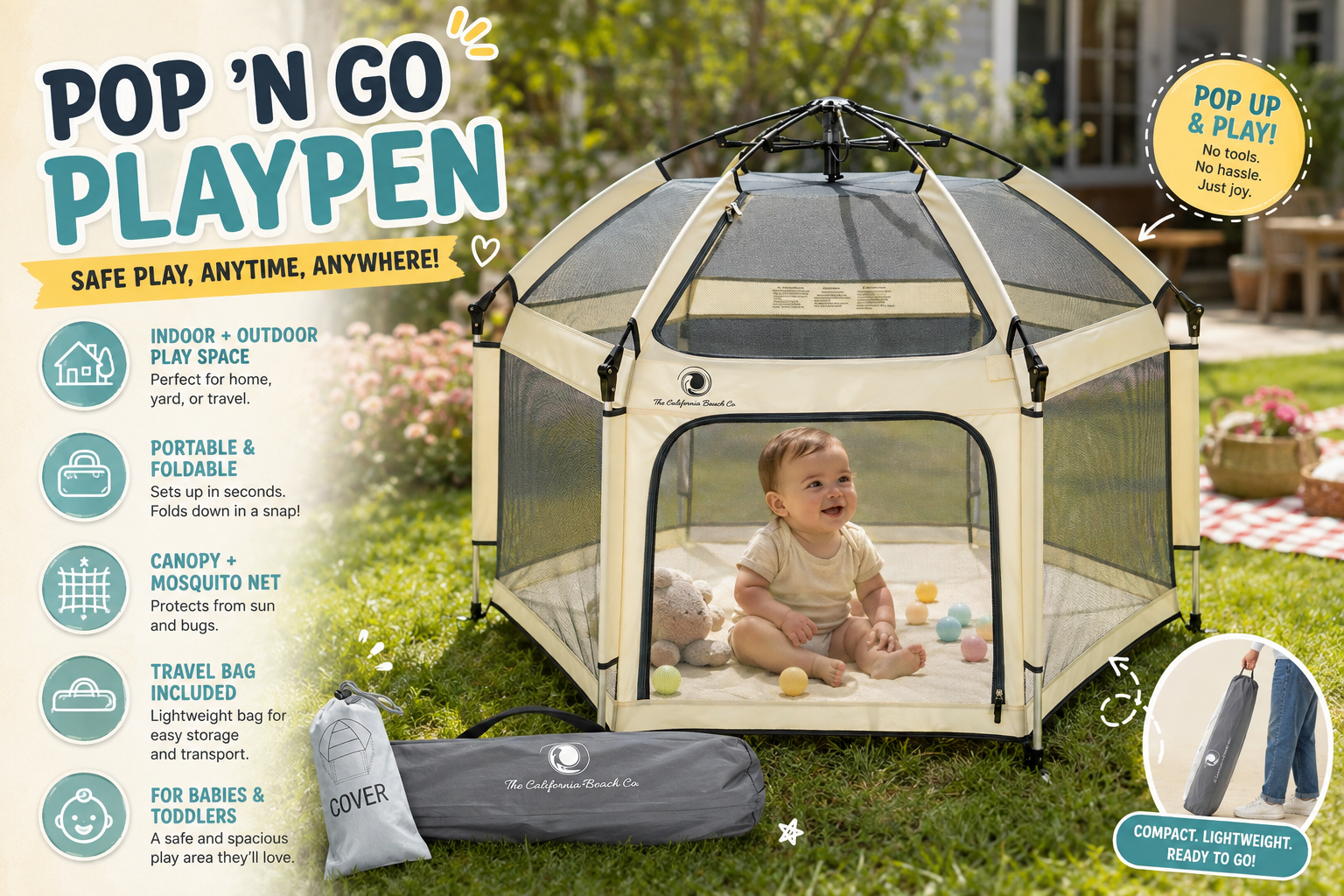Warm ivory Pop ’N Go portable baby playpen set up in a sunny backyard with a smiling baby inside, featuring mesh panels, canopy, travel bag and indoor-outdoor portability.