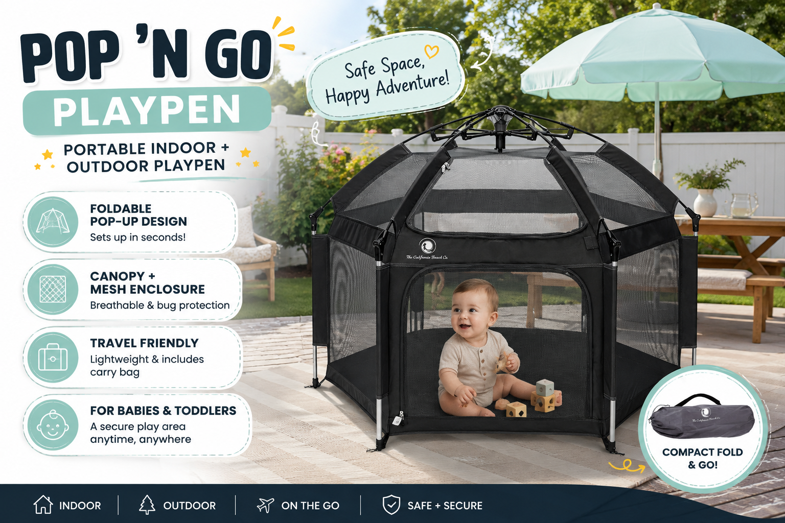 Black Pop ’N Go portable baby playpen in a bright backyard setting with a baby inside, showcasing its foldable pop-up design, mesh enclosure, travel bag and indoor-outdoor use.
