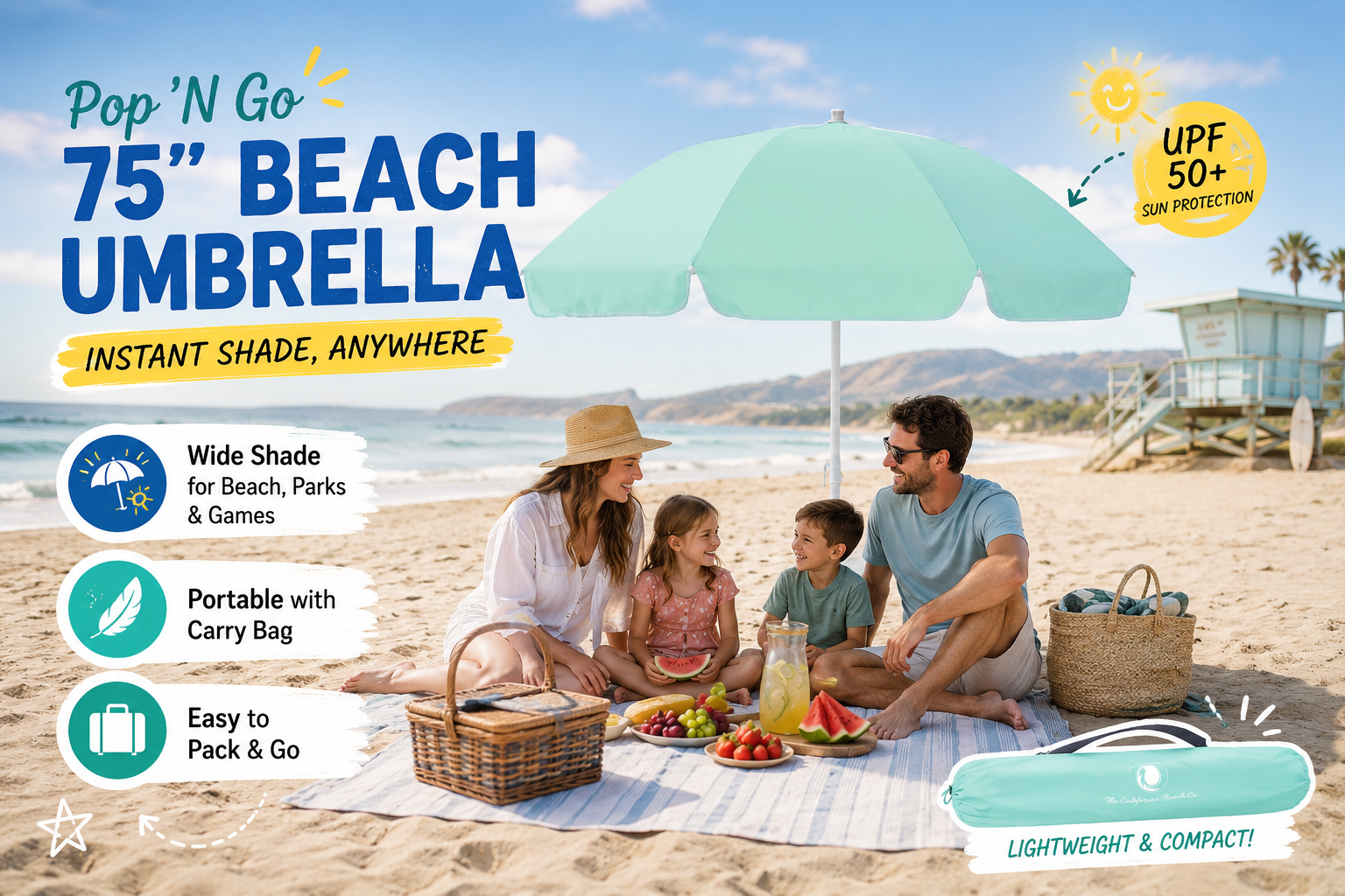 Mint Pop ’N Go 75-inch beach umbrella shading a family picnic by the ocean, highlighting UPF 50+ sun protection, wide coverage, portable carry bag and easy pack-and-go design.