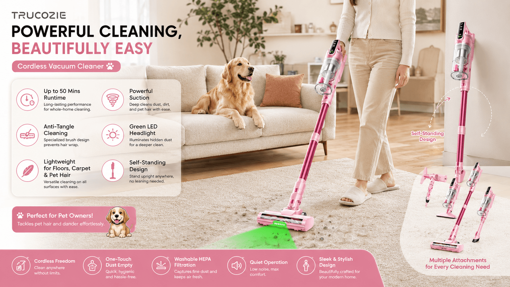Trucozie pink cordless vacuum cleaning a bright living room with a golden retriever nearby. The image highlights up to 50-minute runtime, powerful suction, anti-tangle cleaning, green LED headlight, lightweight design, self-standing storage, and multiple attachments.