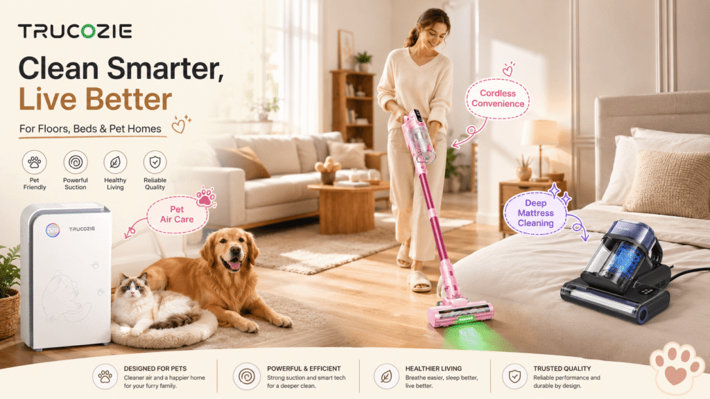 Trucozie home-cleaning lineup shown in a warm modern interior, featuring a pink cordless vacuum, large pet air purifier, and mattress vacuum cleaner. A woman cleans the floor while a dog and cat relax nearby, highlighting smart cleaning for floors, beds, and pet homes.