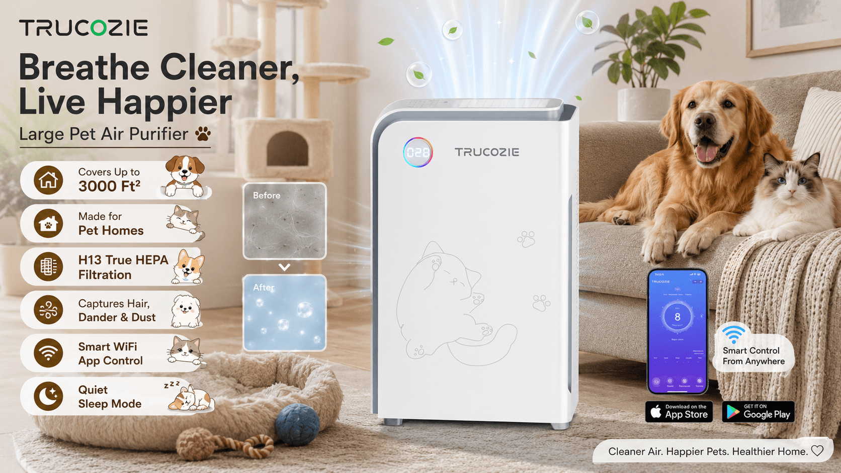 Trucozie large pet air purifier in a cozy living room with a golden retriever and cat. The image highlights coverage up to 3,000 sq. ft., H13 True HEPA filtration, pet hair and dander capture, smart WiFi app control, and quiet sleep mode.