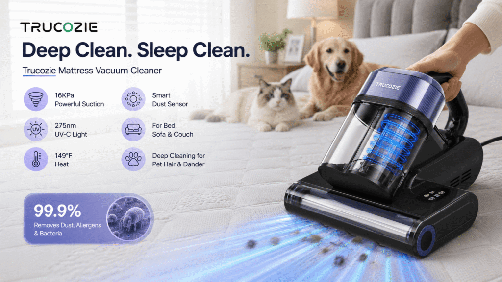 Trucozie mattress vacuum cleaner being used on a bed in a pet-friendly bedroom. The image features 16KPa suction, 275nm UV-C light, 149°F heat, a smart dust sensor, and deep cleaning for pet hair and dander on beds, sofas, and couches.