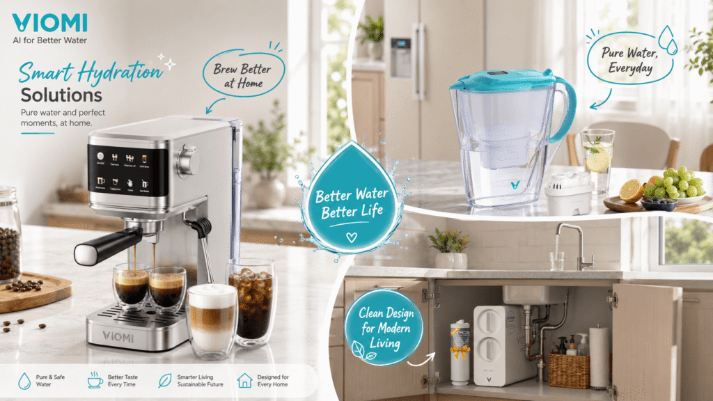 VIOMI smart home lifestyle collage featuring a silver espresso machine, turquoise water filter pitcher, and under-sink RO filtration system in realistic modern kitchen scenes, with playful water-themed graphics and messages about better coffee and cleaner everyday hydration.