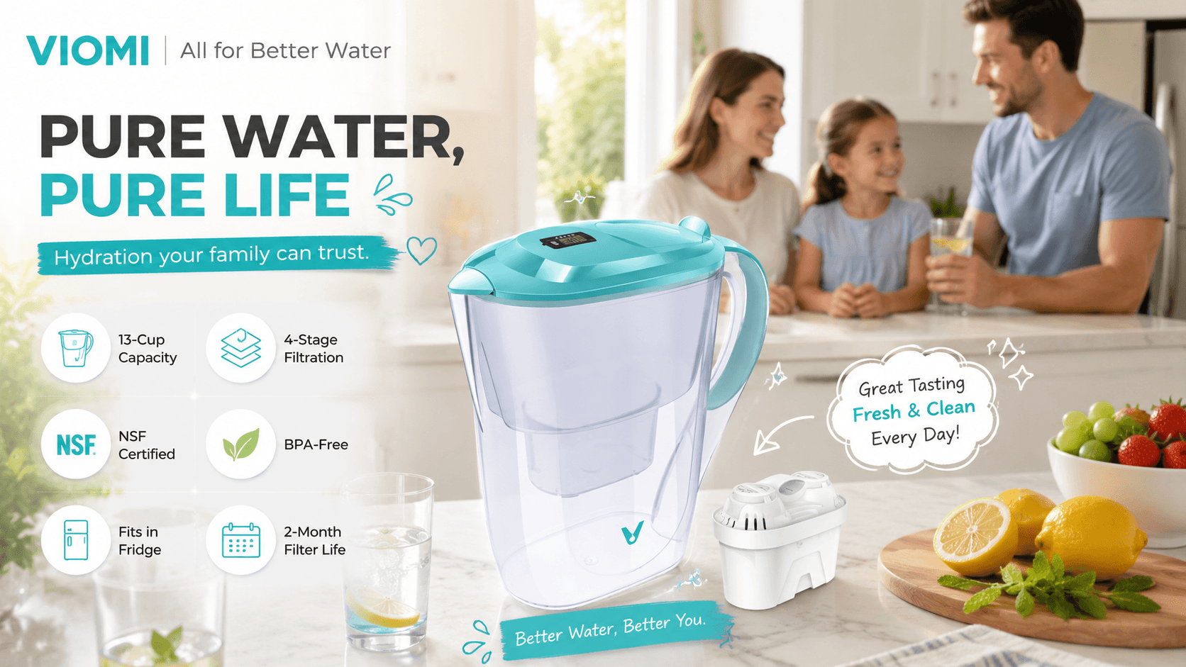 VIOMI turquoise 13-cup water filter pitcher with replacement filter on a bright family kitchen counter, surrounded by lemon water and fresh fruit. Feature graphics highlight 4-stage filtration, NSF certification, BPA-free design, fridge fit, and 2-month filter life.