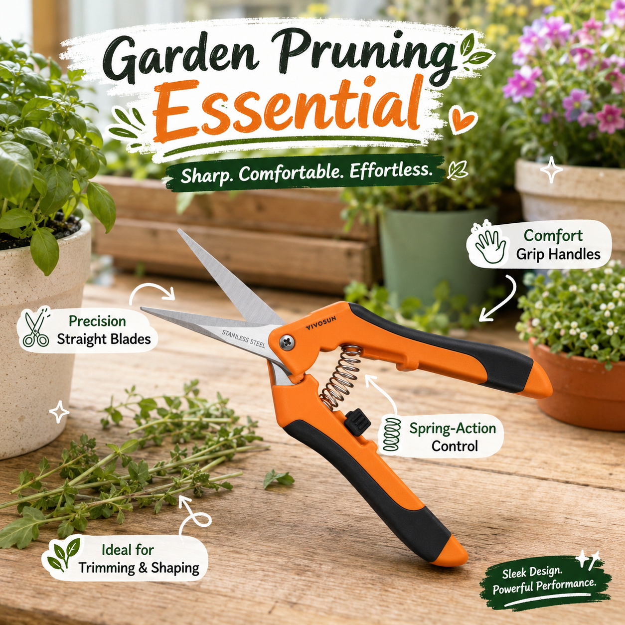 A closeup product feature poster of VIVOSUN garden pruning shears, highlighting key attributes like 'Precision Straight Blades', 'Comfort Grip Handles', 'Spring-Action Control', and 'Ideal for Trimming & Shaping', against a backdrop of potted herbs.
