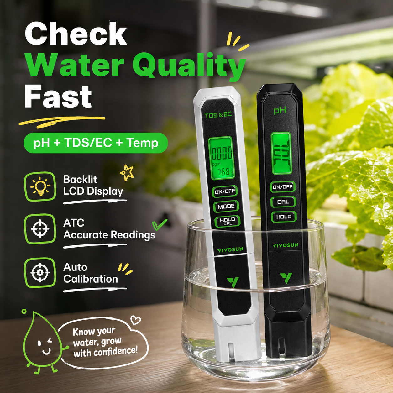 An informational poster illustrating the use of VIVOSUN digital water quality testers, featuring two pens, one for 'pH' and another for 'TDS & EC', submerged in a glass of water, showing backlit LCD screens. Key features like automatic calibration and accurate readings are listed.