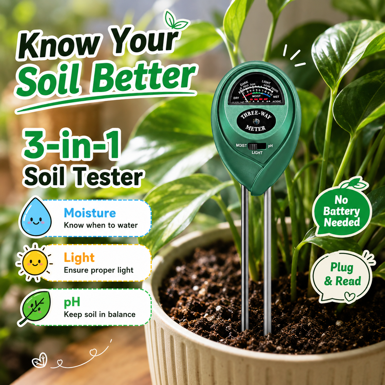 An informational poster showcasing the functions of a VIVOSUN 3-in-1 soil tester, which is inserted into a potted plant's soil. Icons and text explain that it measures soil 'Moisture', 'Light', and 'pH' levels, promoting healthy plant growth without needing batteries.