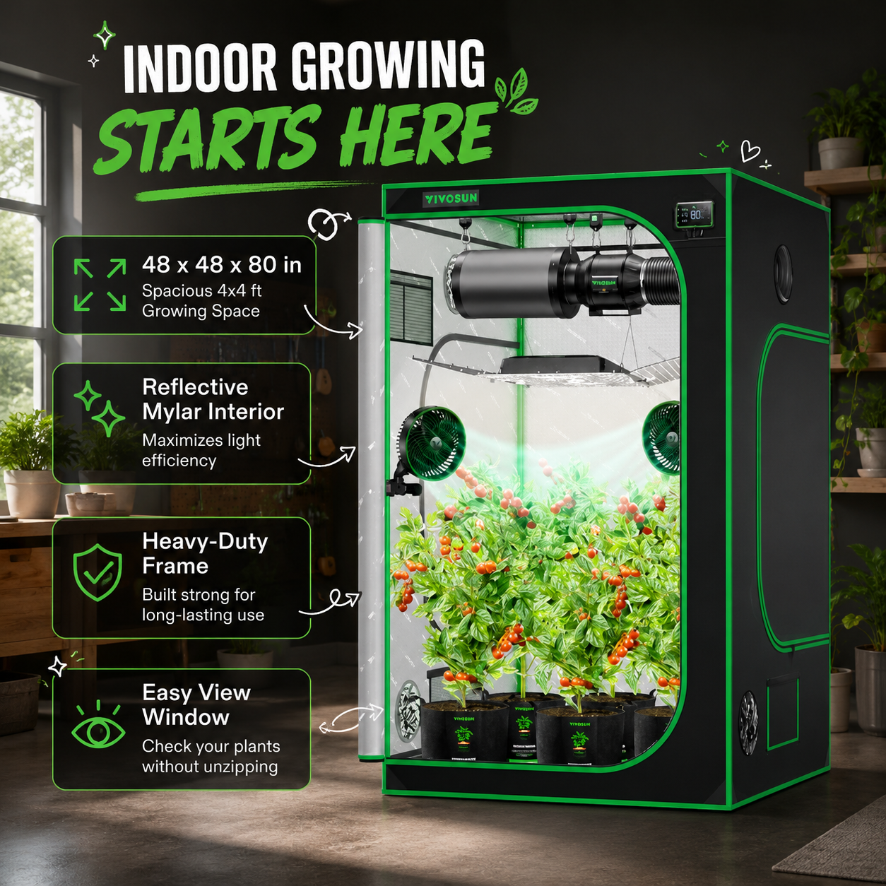 An architectural diagram poster detailing the features of a VIVOSUN indoor grow tent, including its '48x48x80 in Spacious 4x4 ft Growing Space', 'Reflective Mylar Interior', 'Heavy-Duty Frame', and 'Easy View Window', with a thriving tomato plant inside.
