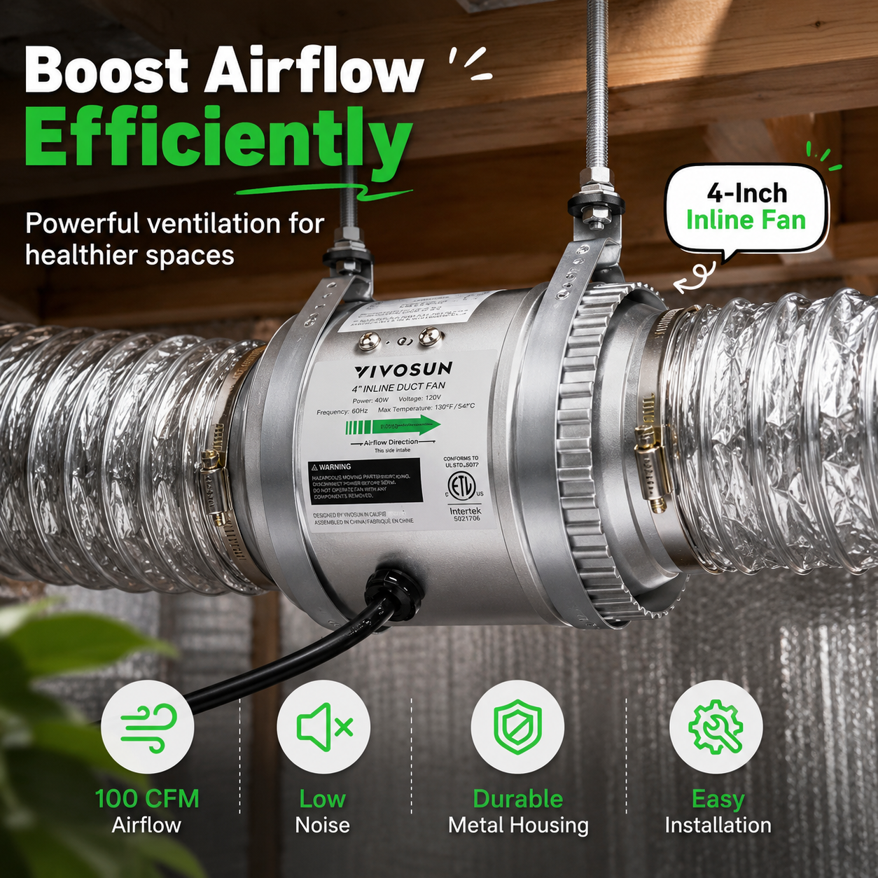 A closeup functional poster of a VIVOSUN 4-inch metal inline fan, installed in a ventilation duct system. Icons and text highlight key performance metrics such as '100 CFM Airflow', 'Low Noise', 'Durable Metal Housing', and 'Easy Installation'.