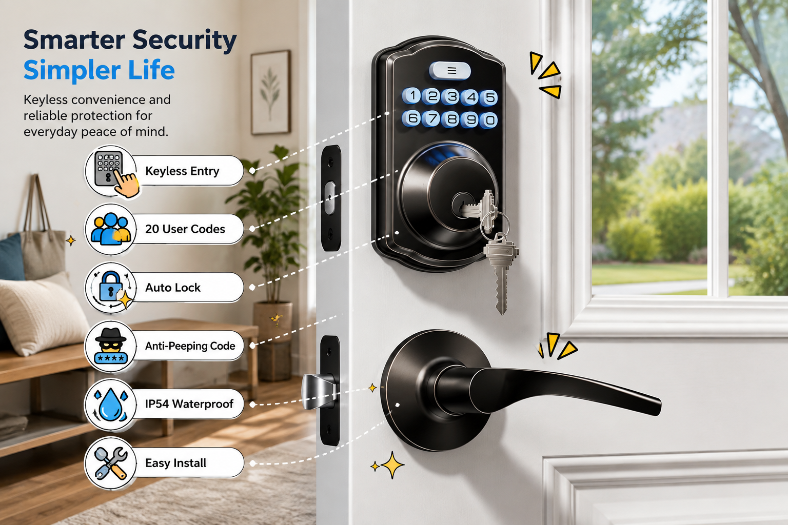 Veise matte black keypad door lock installed on a modern front door, featuring keyless entry, 20 user codes, auto lock, anti-peeping code, IP54 water resistance, and easy installation.