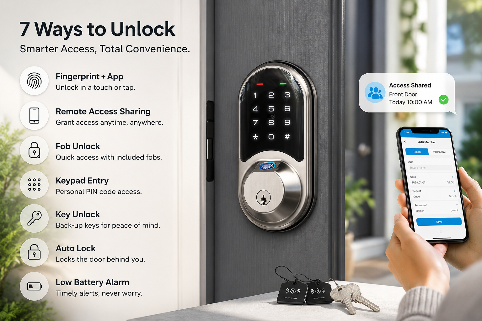 Veise fingerprint smart deadbolt on a dark front door with smartphone access sharing, highlighting fingerprint and app unlocking, keypad entry, fob access, physical keys, auto lock, and low battery alerts.