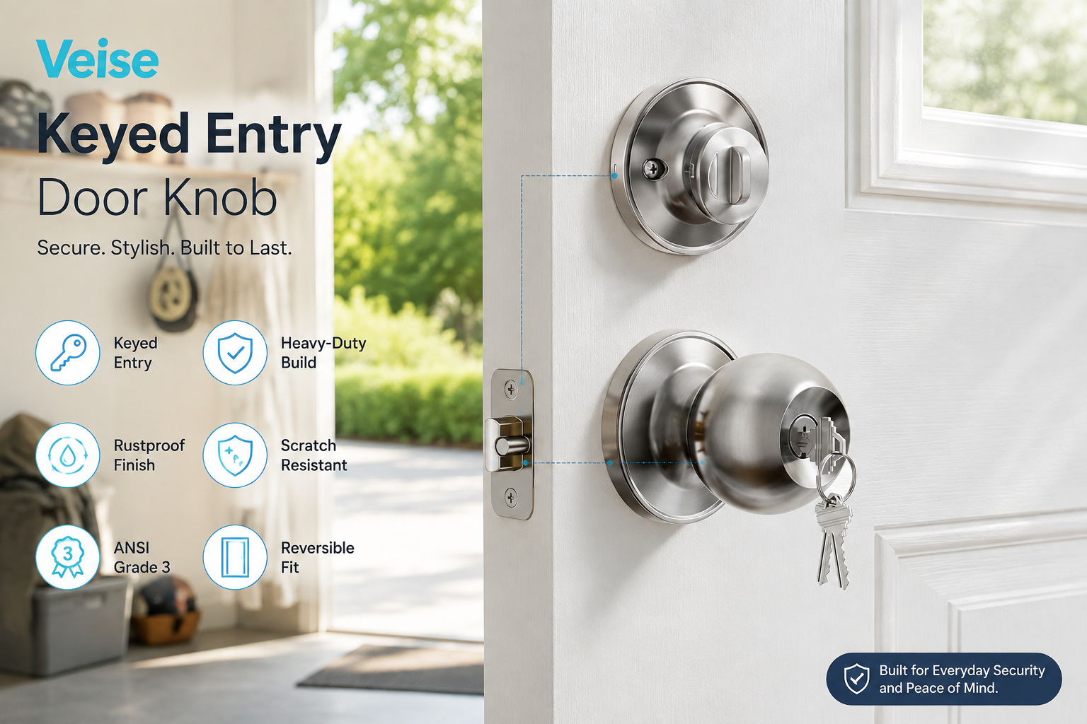 Veise satin nickel keyed entry door knob installed on a white residential door, highlighting heavy-duty construction, rust resistance, scratch resistance, ANSI Grade 3 security, and reversible installation.