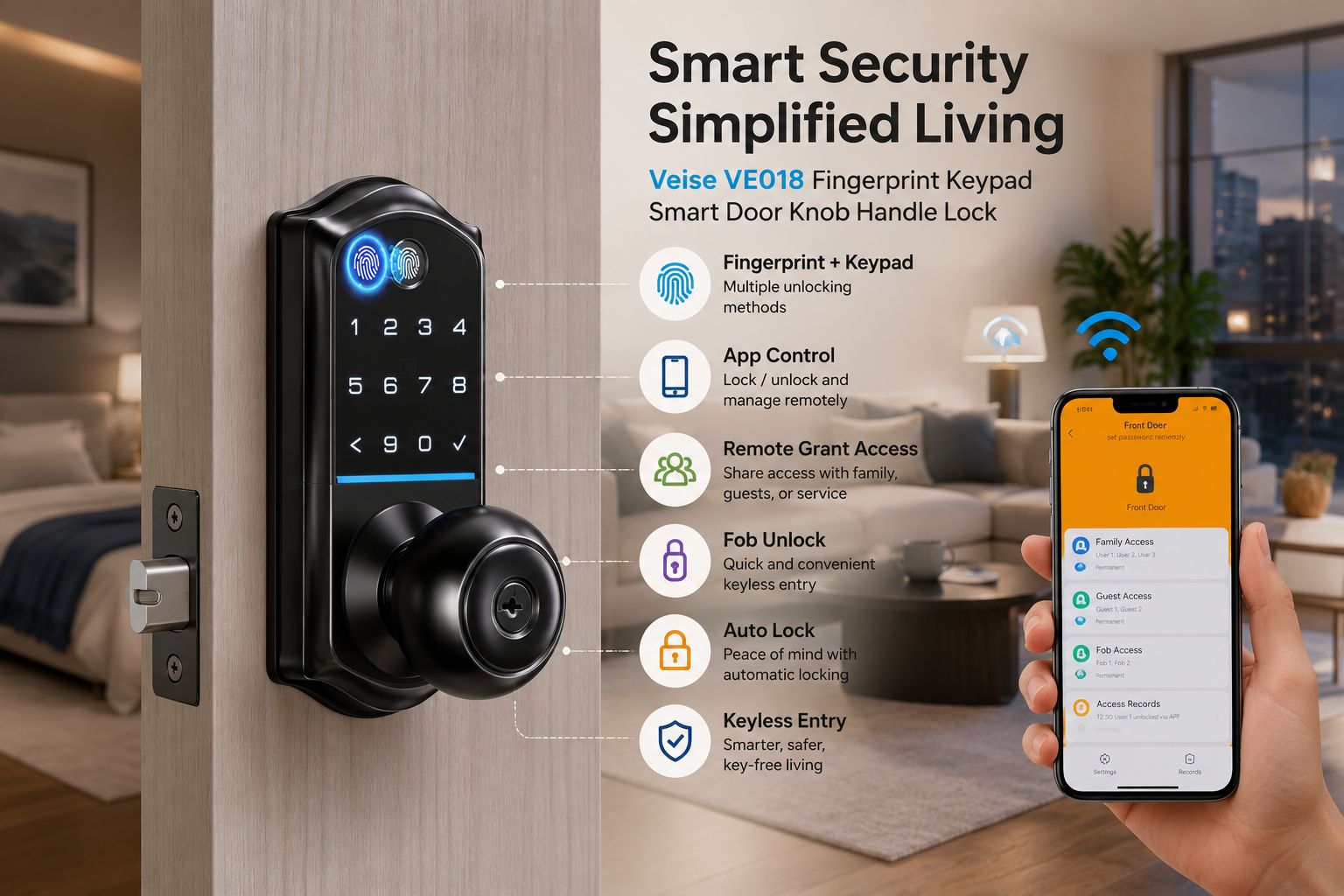 Veise VE018 black fingerprint keypad smart door knob installed in a modern home, with smartphone app control and features including fingerprint entry, keypad access, remote guest access, fob unlocking, and auto lock.