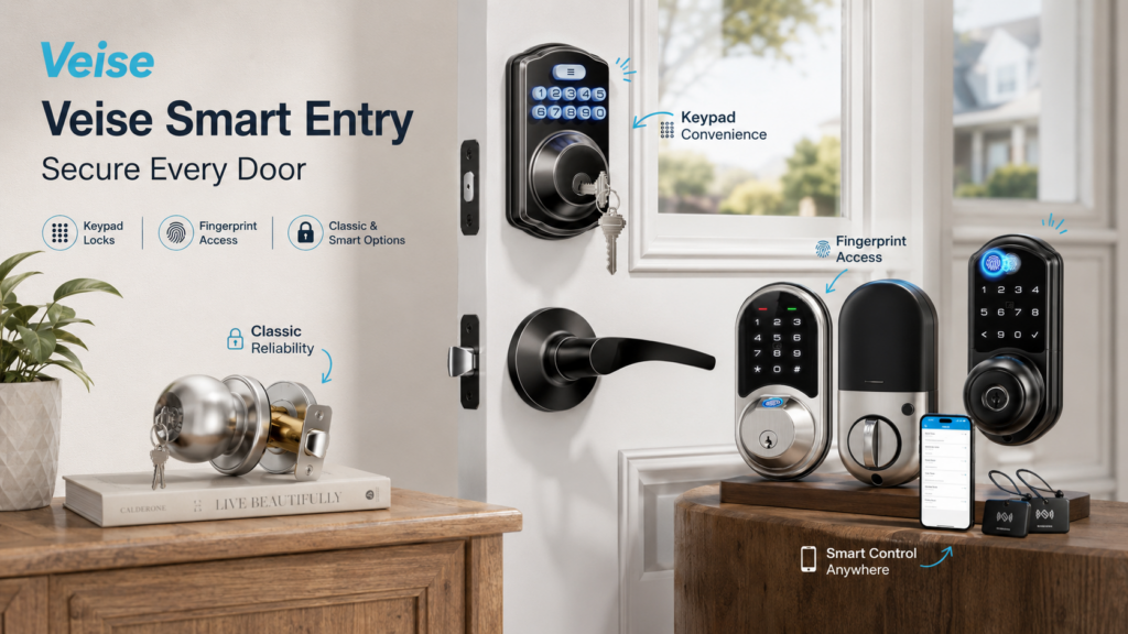 Veise smart door lock collection displayed in a bright modern entryway, featuring keypad locks, fingerprint smart locks, app control, key fobs, traditional keyed hardware, and multiple home security solutions.