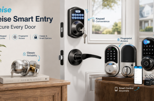 Veise smart door lock collection displayed in a bright modern entryway, featuring keypad locks, fingerprint smart locks, app control, key fobs, traditional keyed hardware, and multiple home security solutions.